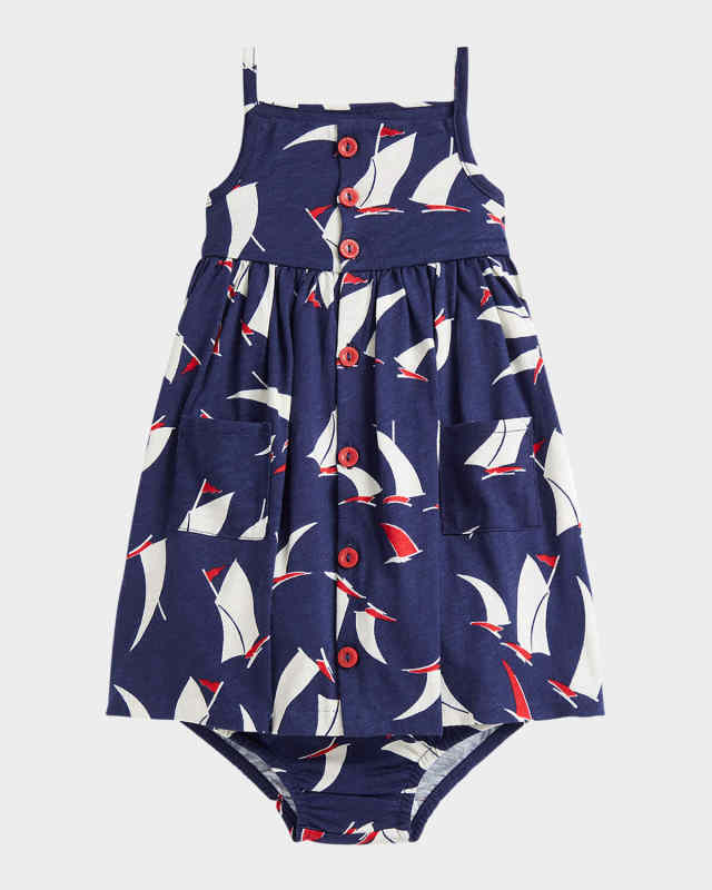 Girl's Sailboat Printed Dress W/ Bloomers, Size 3M-
